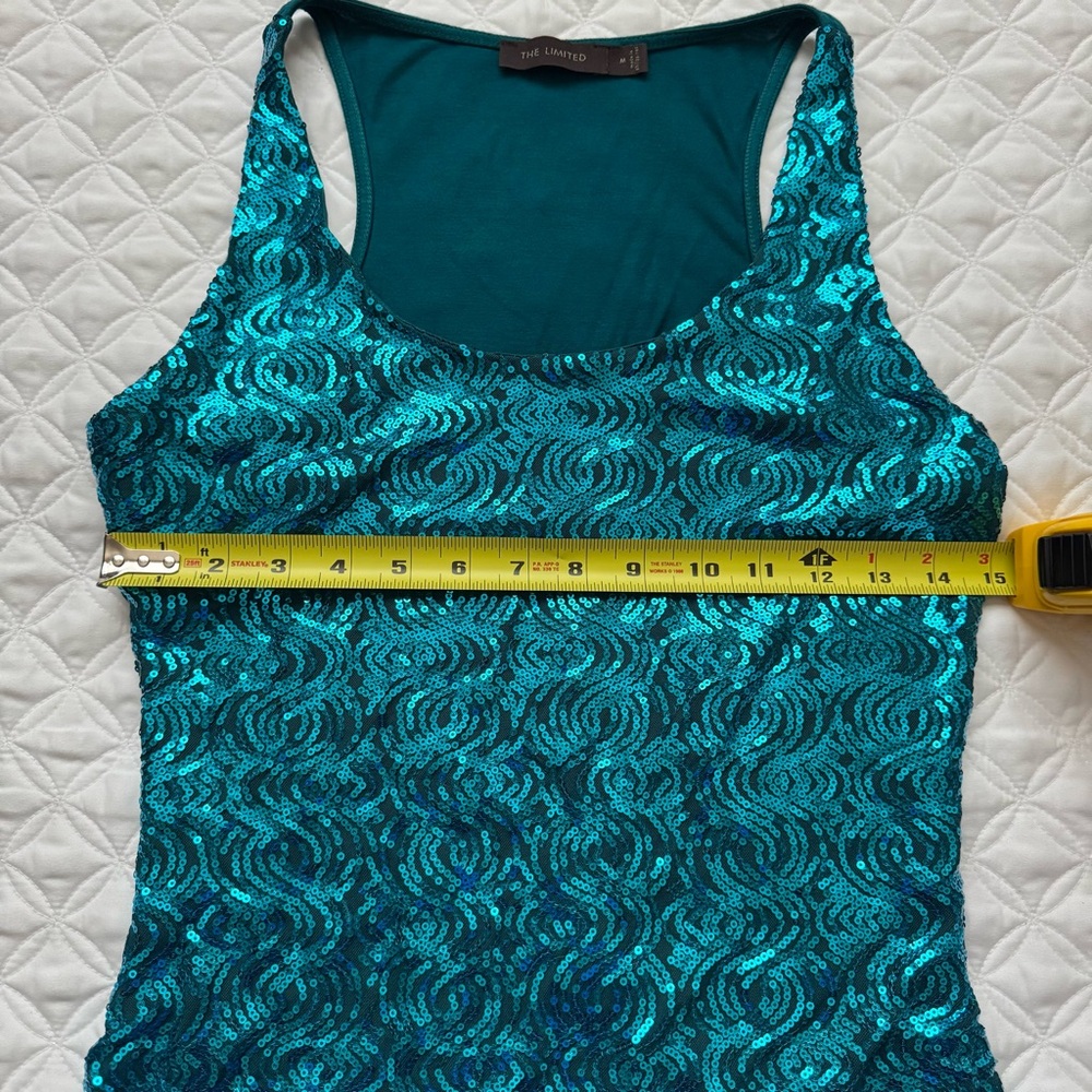The Limited Teal Blue Sequin Front Racer Back Tank Top Side Ruched Size M - Picture 4 of 13